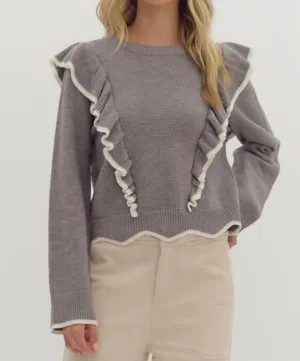 Ruffle Contrast Sweater In Grey