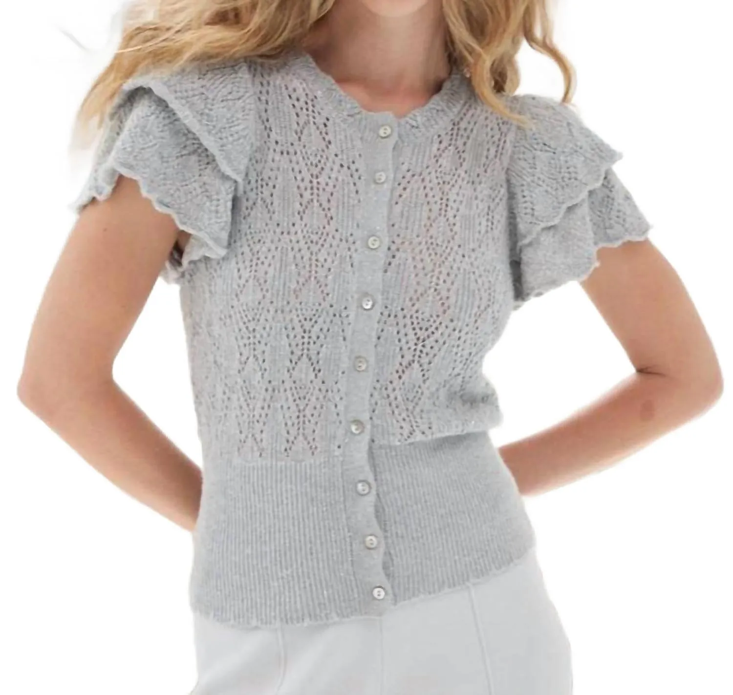 Ruffle Sleeve Diamond Pointelle Cardigan In Shadow