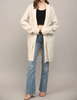 Shawl Collar Cable Knit Cardigan In Beige