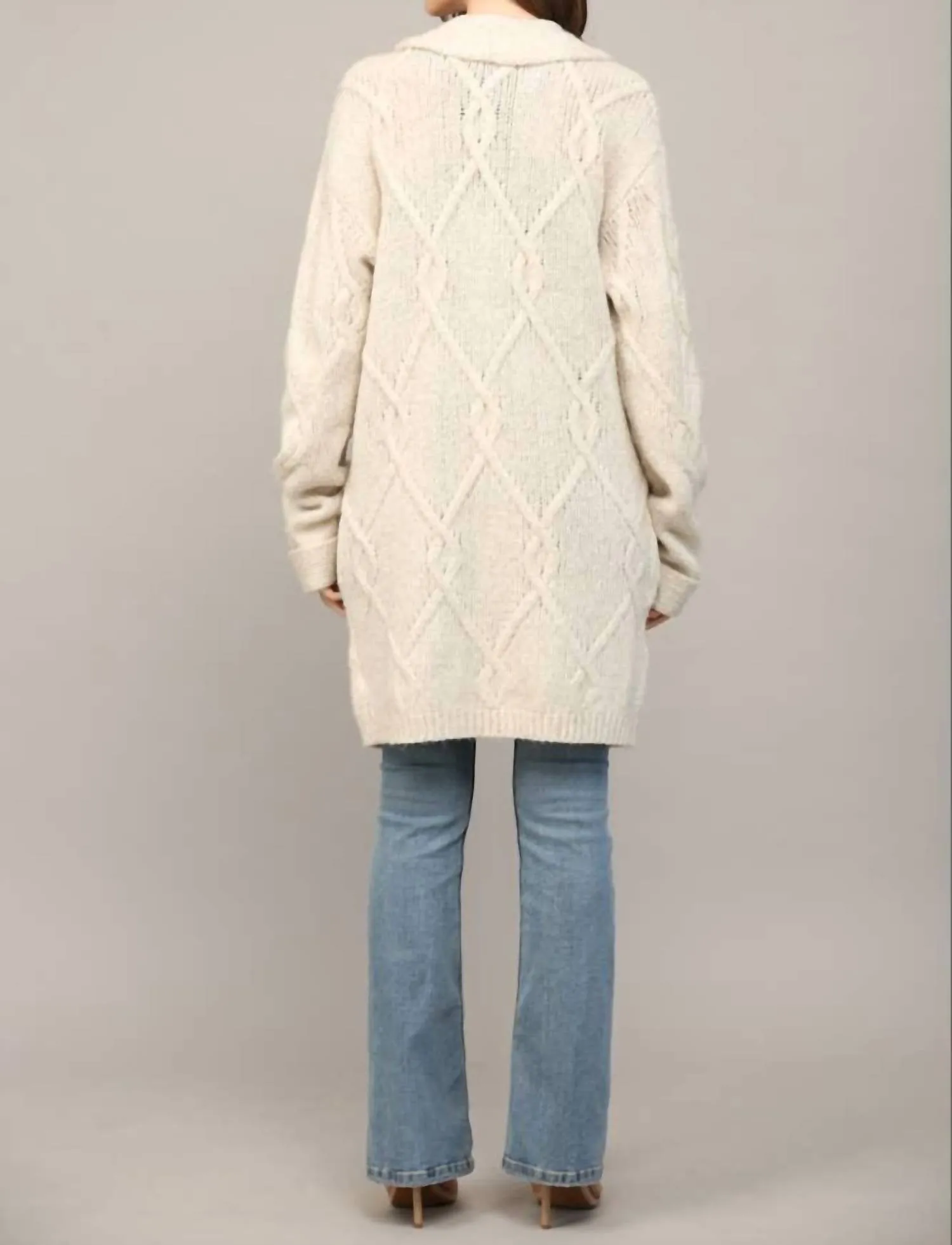 Shawl Collar Cable Knit Cardigan In Beige