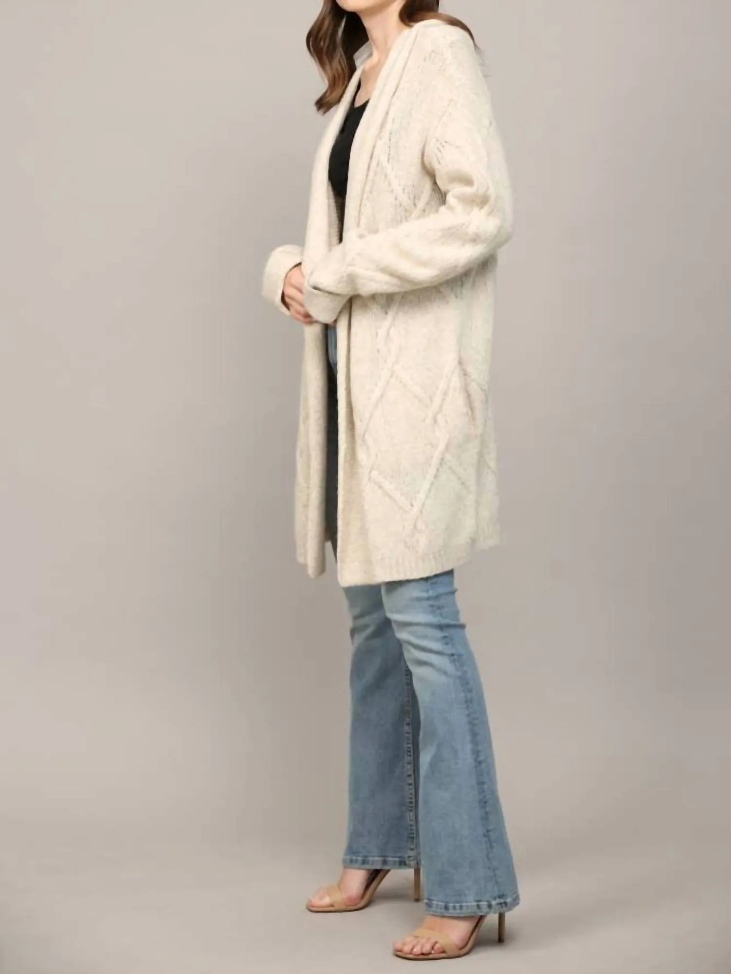 Shawl Collar Cable Knit Cardigan In Beige