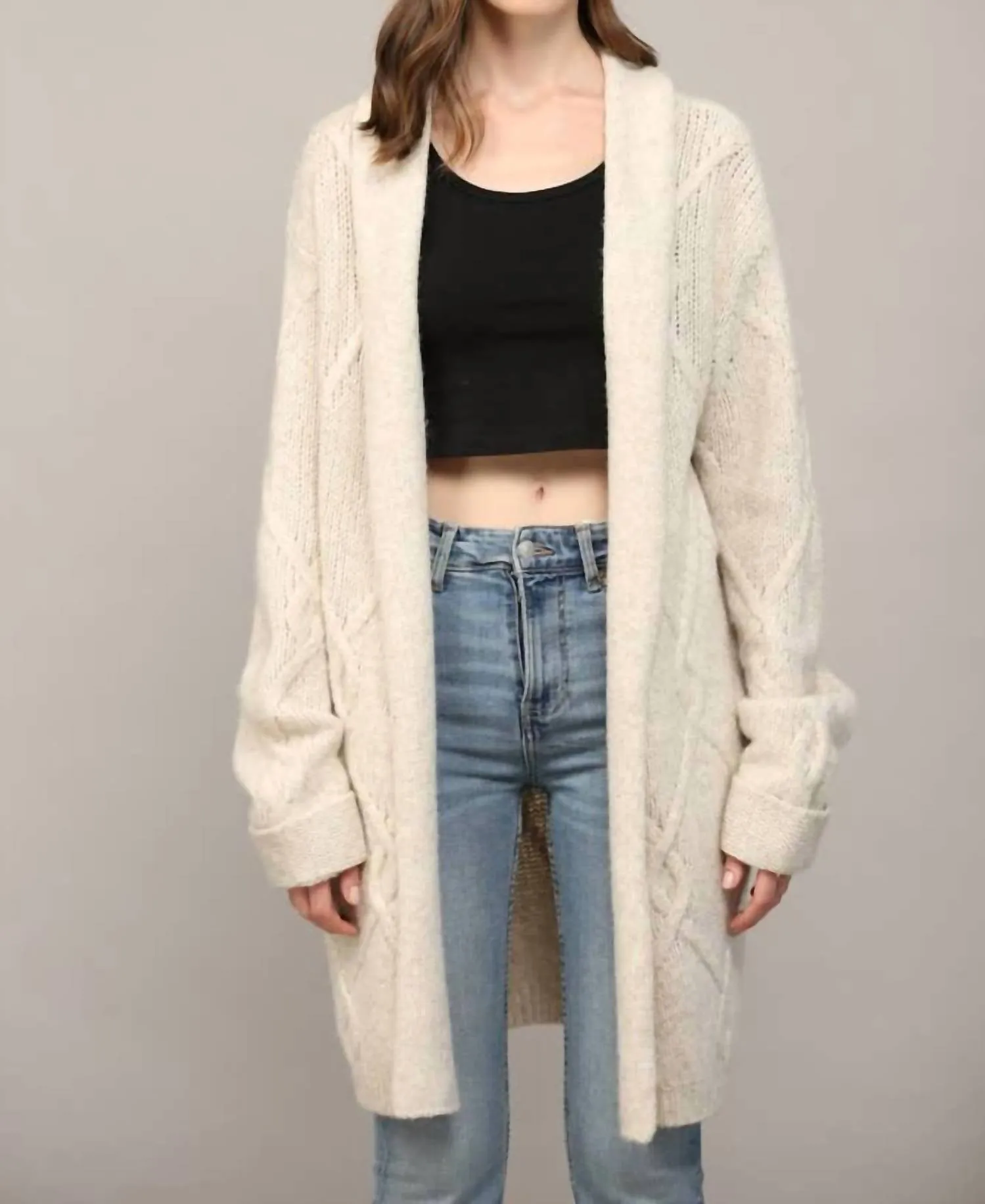Shawl Collar Cable Knit Cardigan In Beige