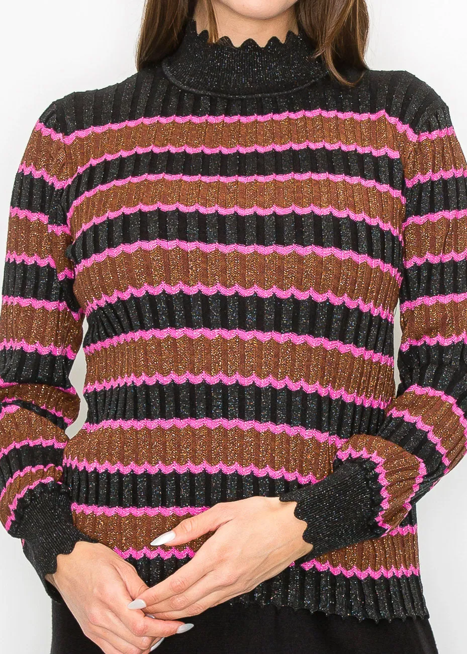 Shimmer Stripe Sweater with Scalloped Trim