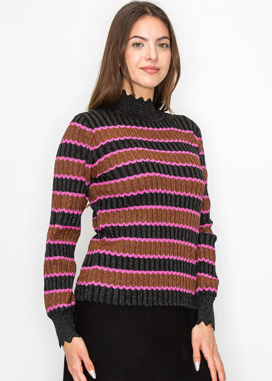 Shimmer Stripe Sweater with Scalloped Trim
