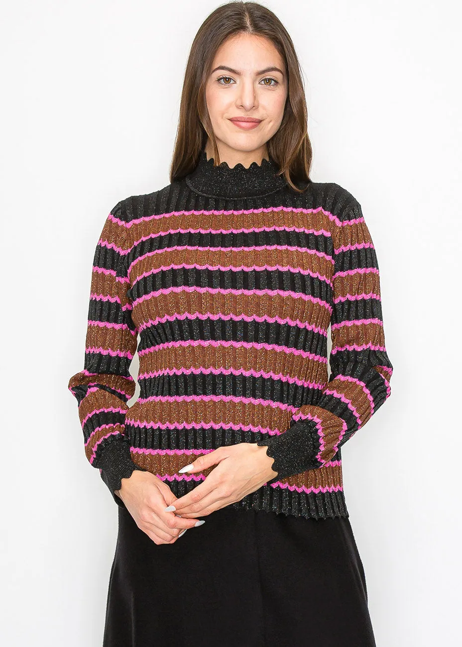 Shimmer Stripe Sweater with Scalloped Trim