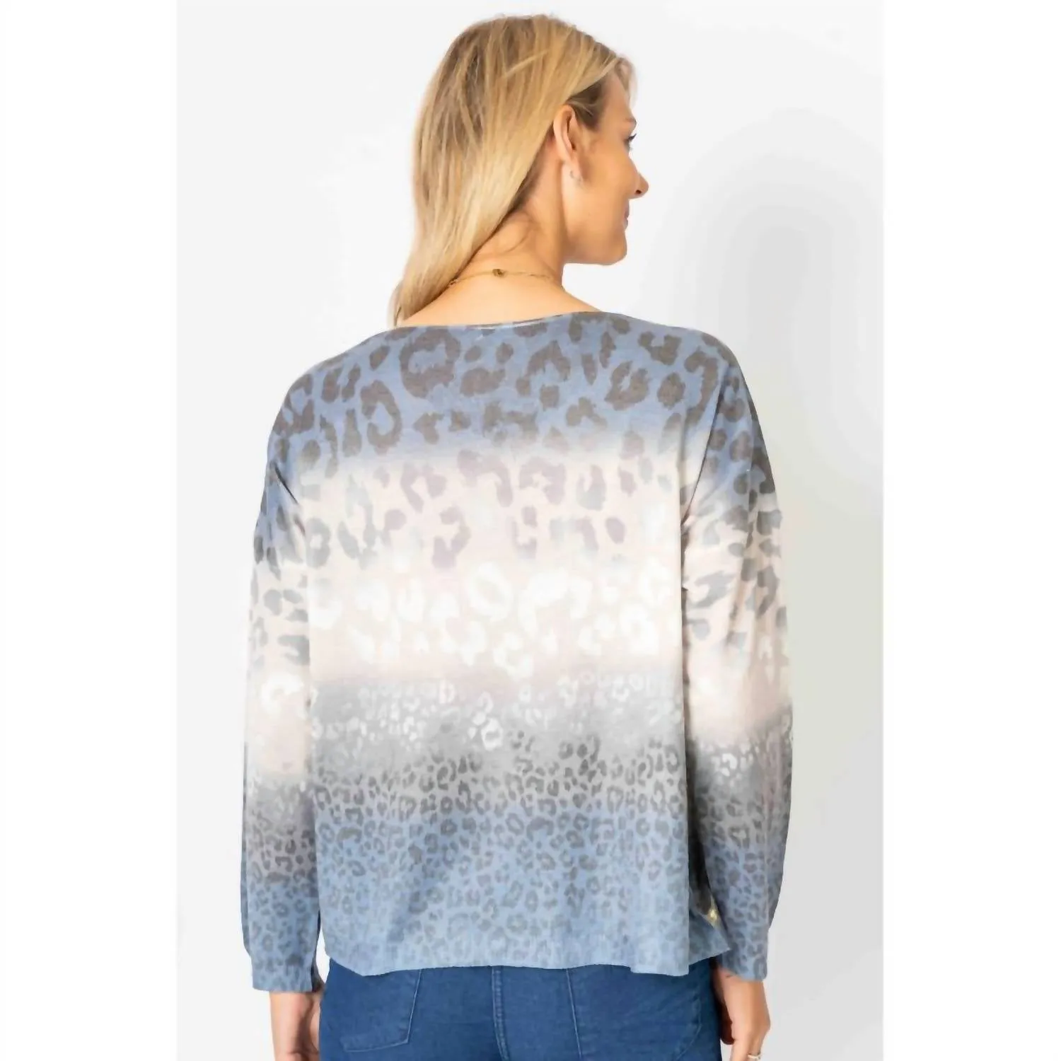 Shimmer V Neck Cheetah Print Sweater In Blue