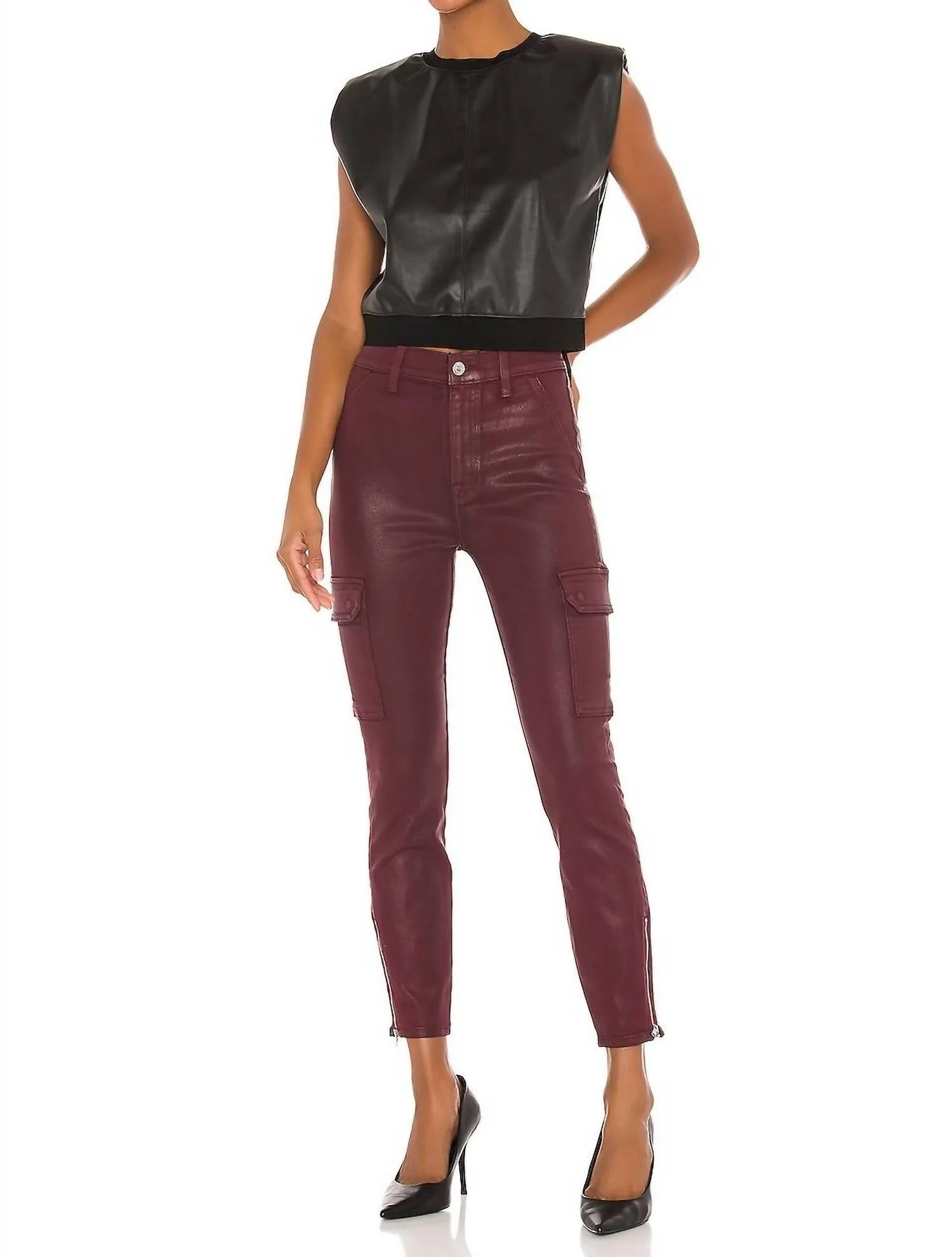 Skinny Cargo With Faux Front Pockets In Merlot Coated