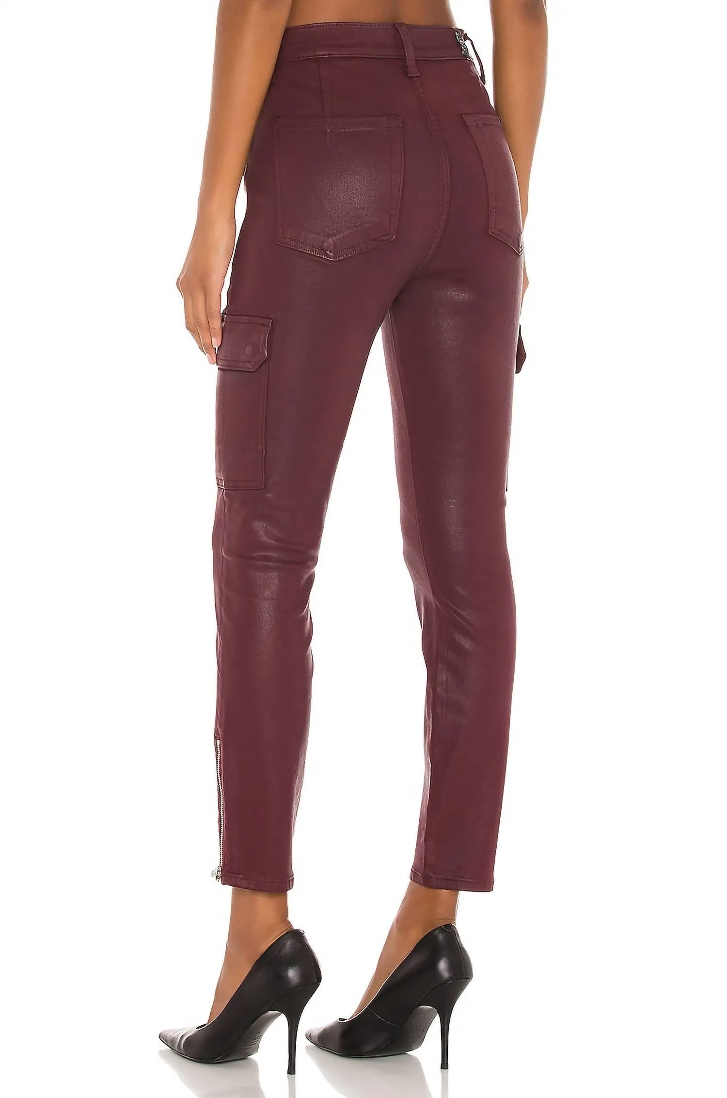 Skinny Cargo With Faux Front Pockets In Merlot Coated