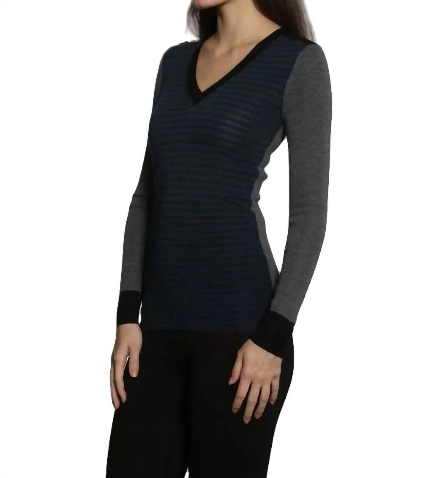 Skinny Rib Vee Pullover In Charcoal/ocean