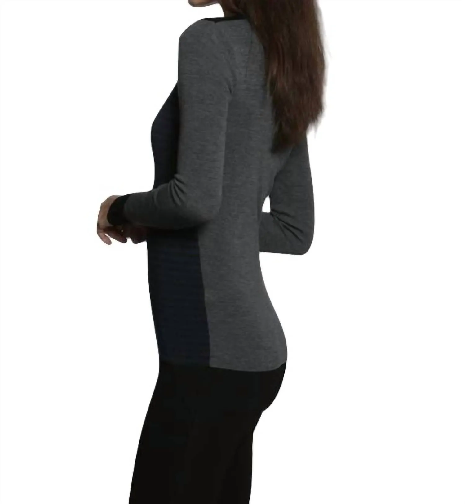 Skinny Rib Vee Pullover In Charcoal/ocean