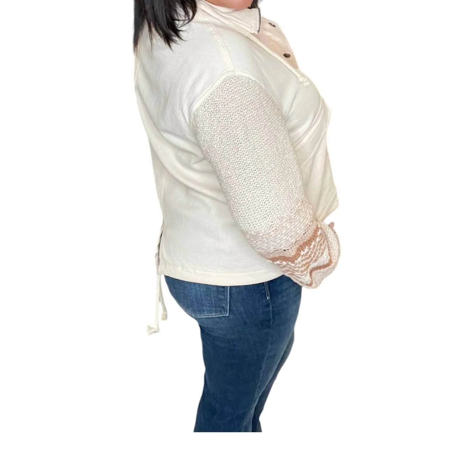 Sleeve Snap Front Sweater Jacket In Cream