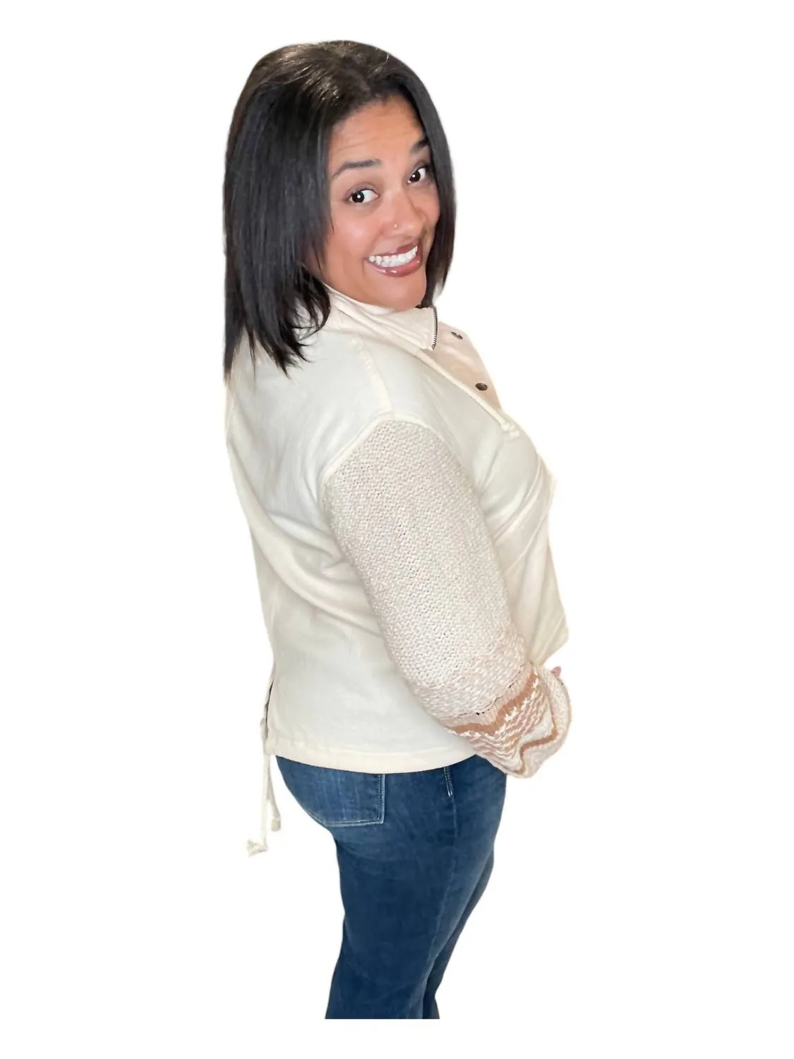 Sleeve Snap Front Sweater Jacket In Cream