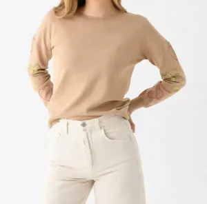 Stars And Hearts Crew Sweater In Camel