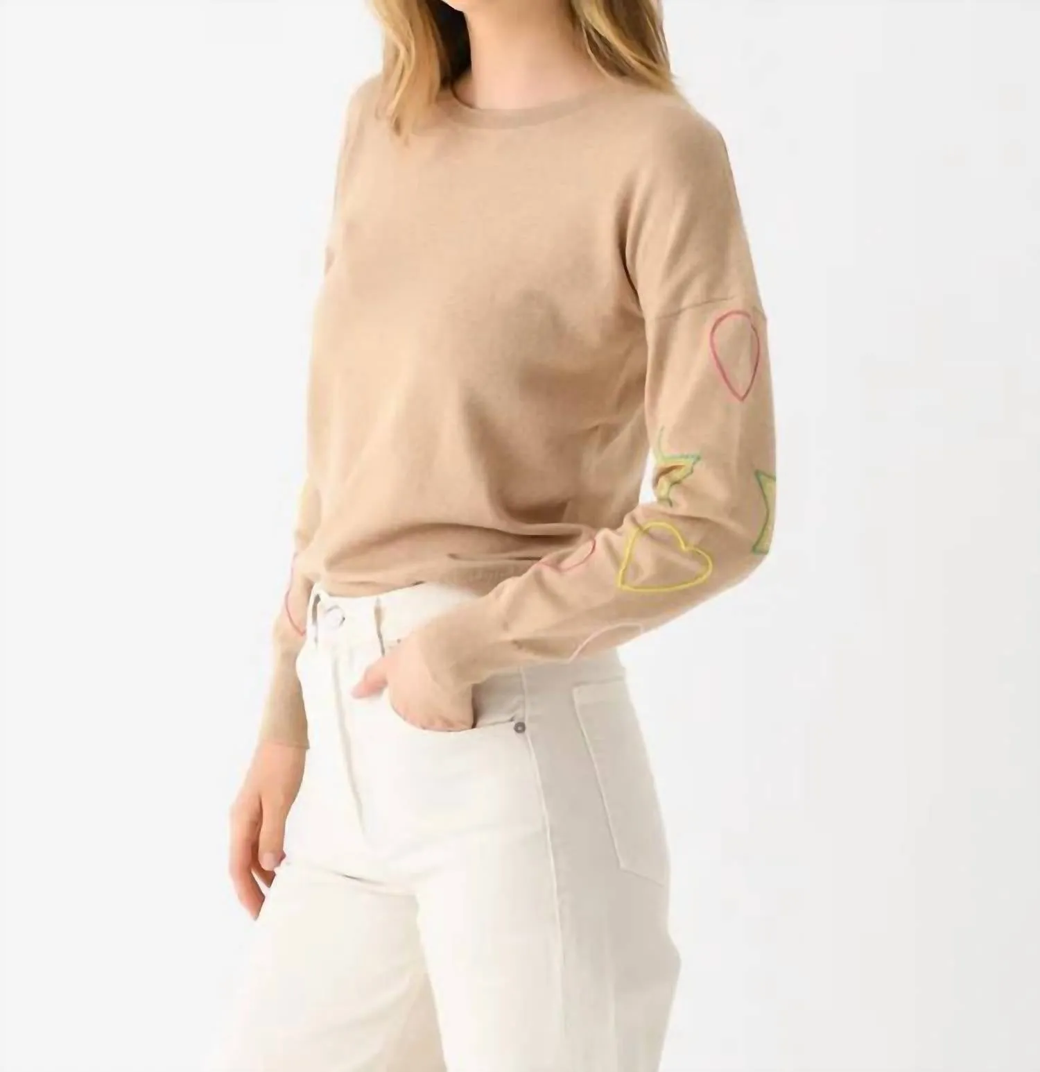 Stars And Hearts Crew Sweater In Camel