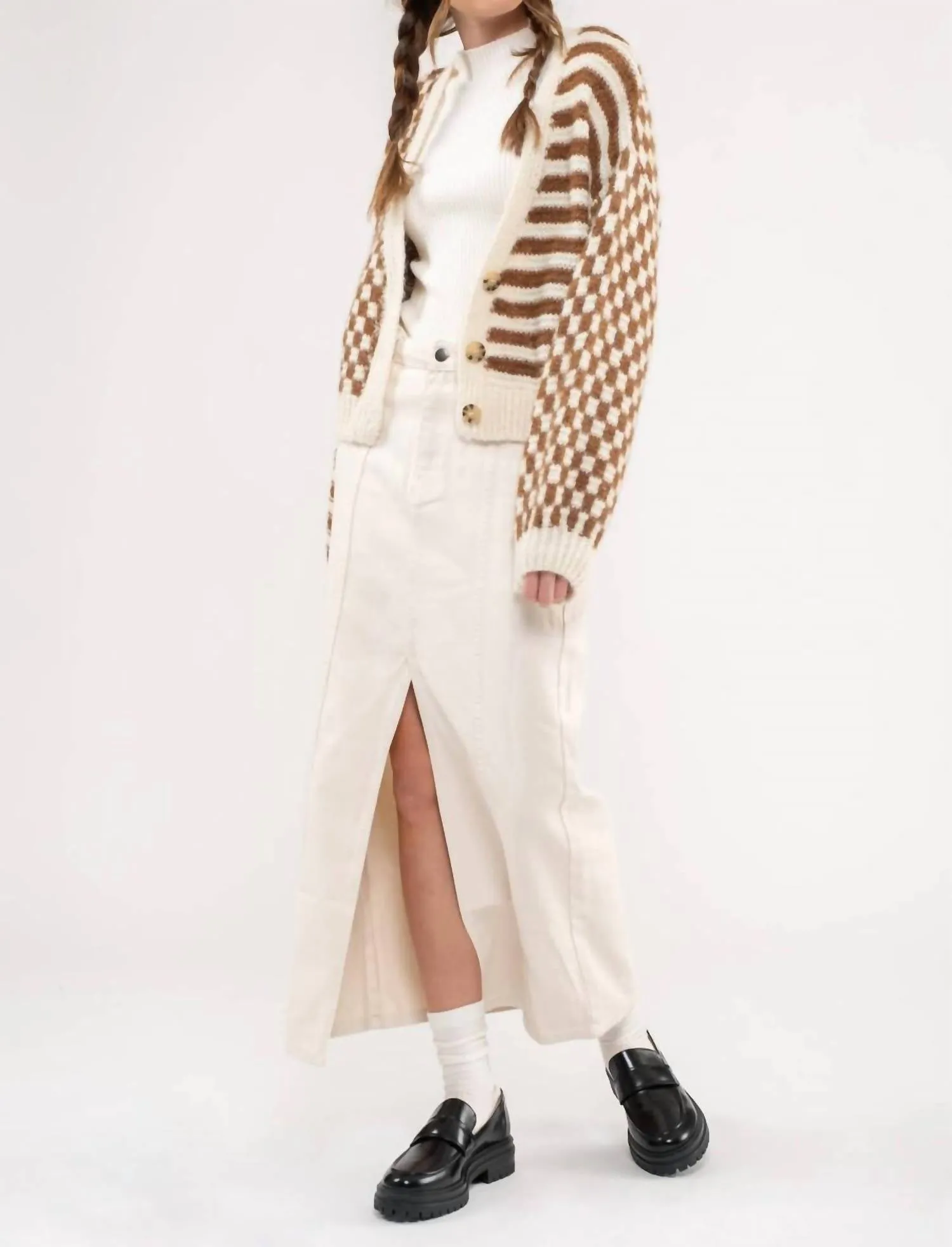 Stripe And Checkered Drop Shoulder Knit Cardigan In Brown