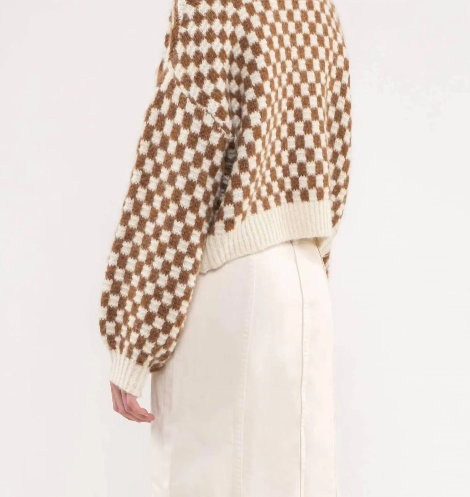 Stripe And Checkered Drop Shoulder Knit Cardigan In Brown