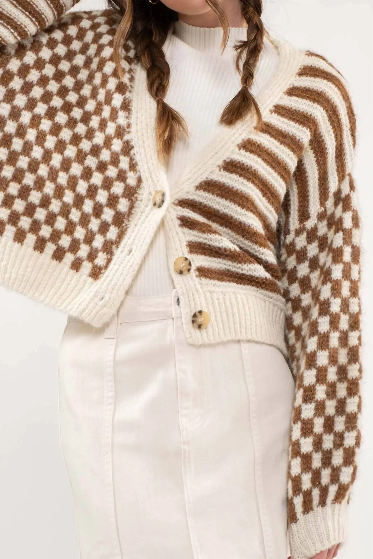 Stripe And Checkered Drop Shoulder Knit Cardigan In Brown