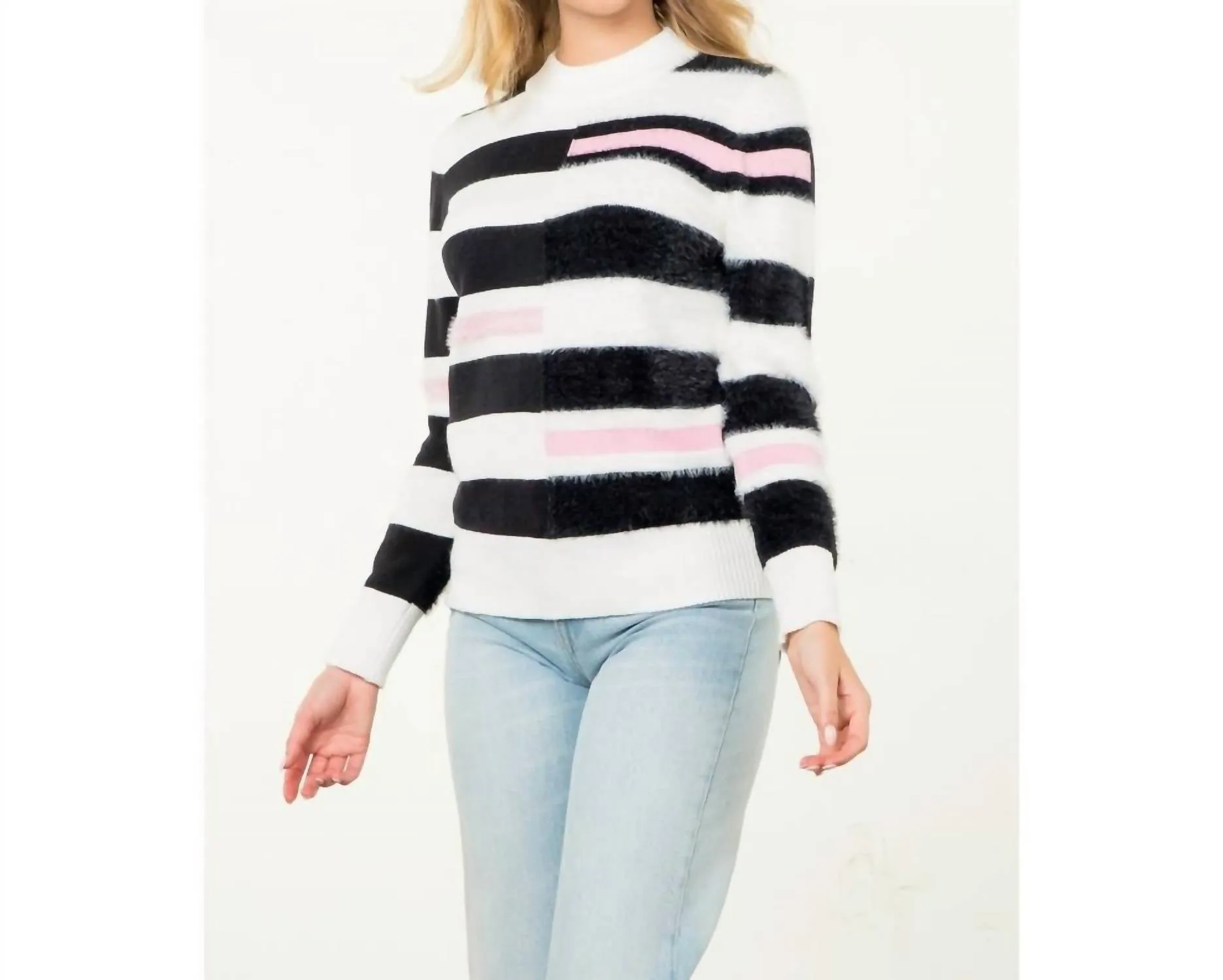 Striped Knit Sweater In White/pink/black