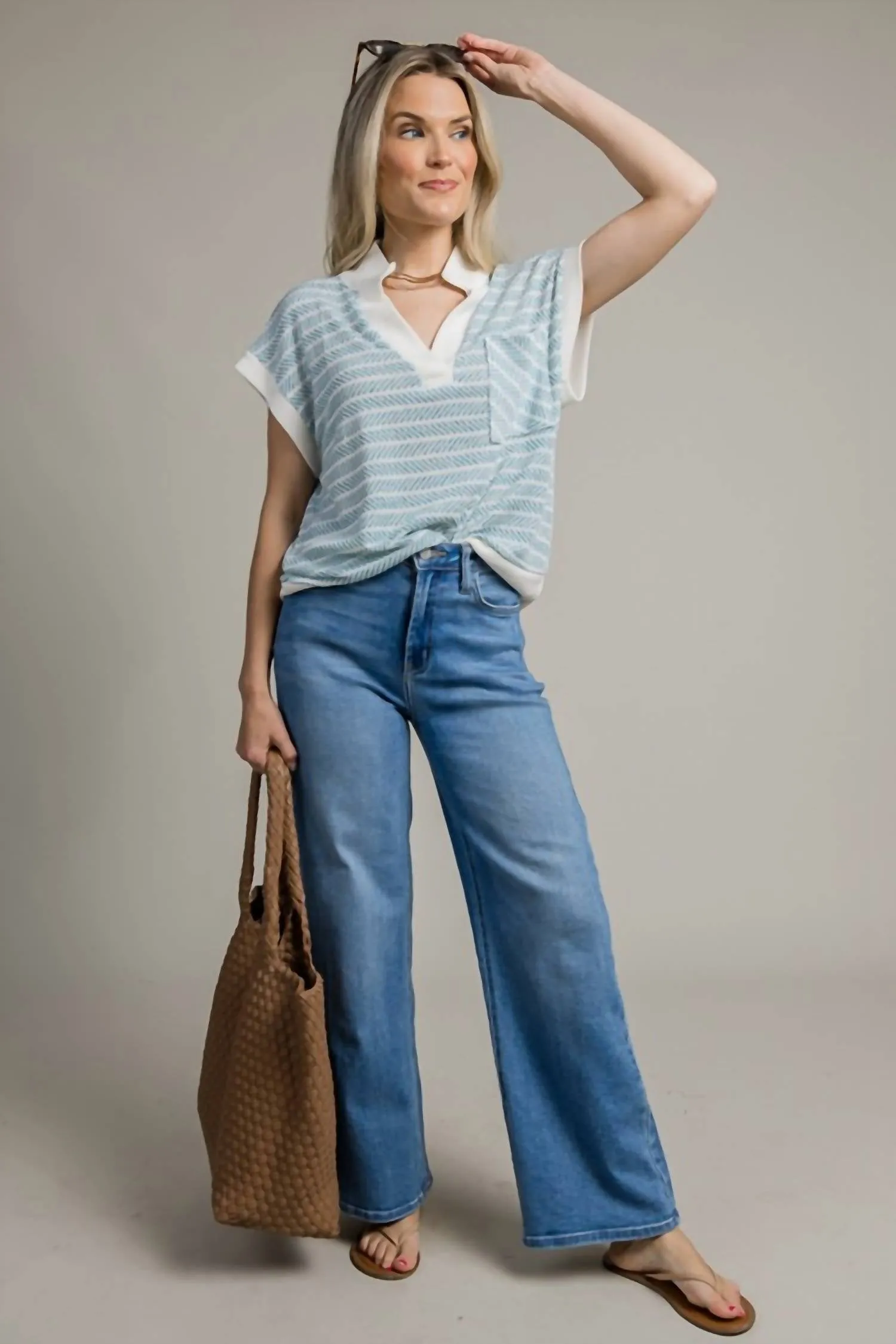 Striped Knit V-Neck Short Sleeve Top In Teal