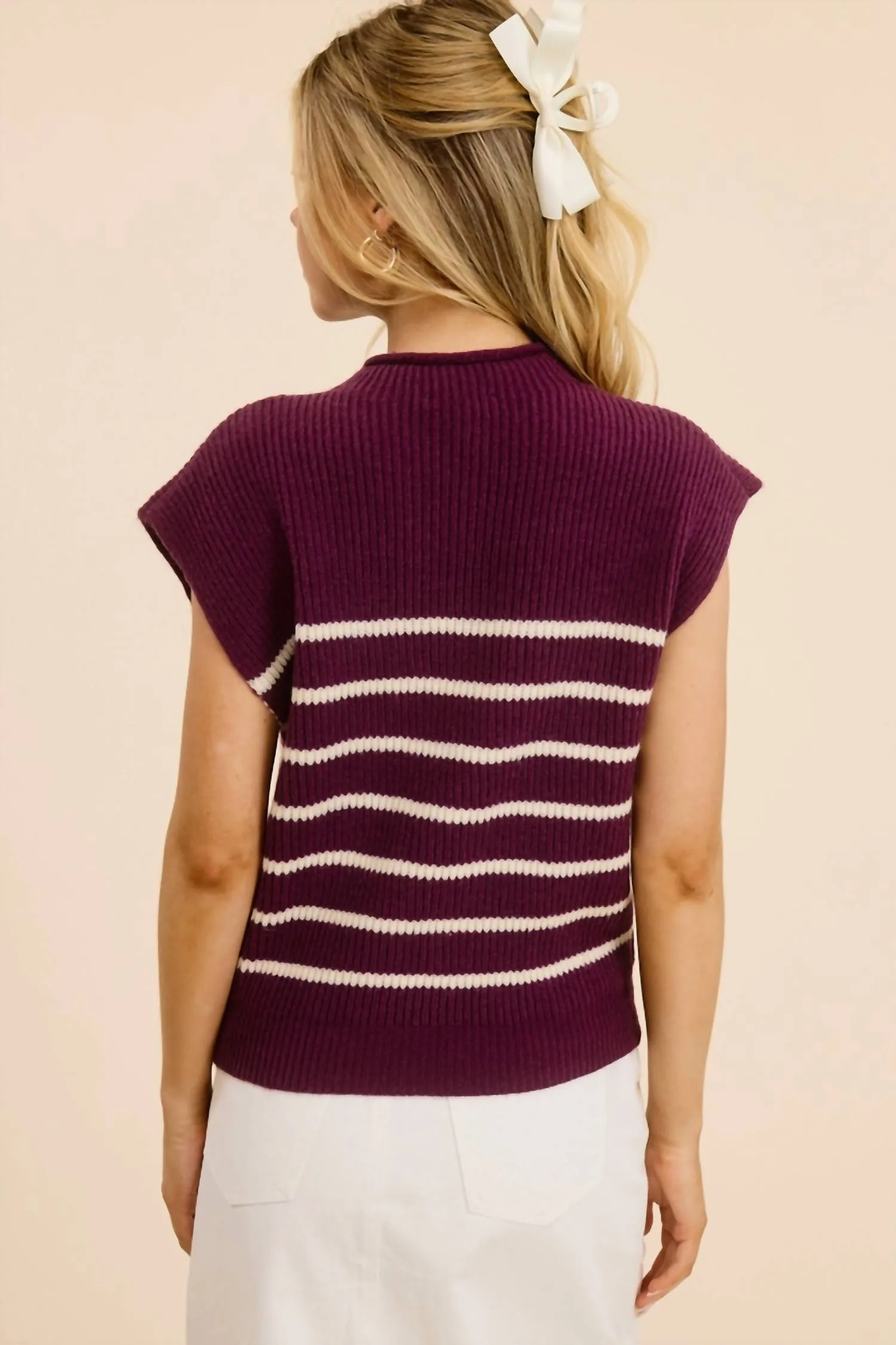 Striped Sleeveless Sweater Vest Top In Plum