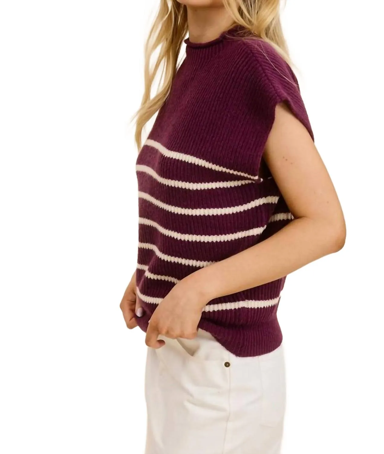 Striped Sleeveless Sweater Vest Top In Plum