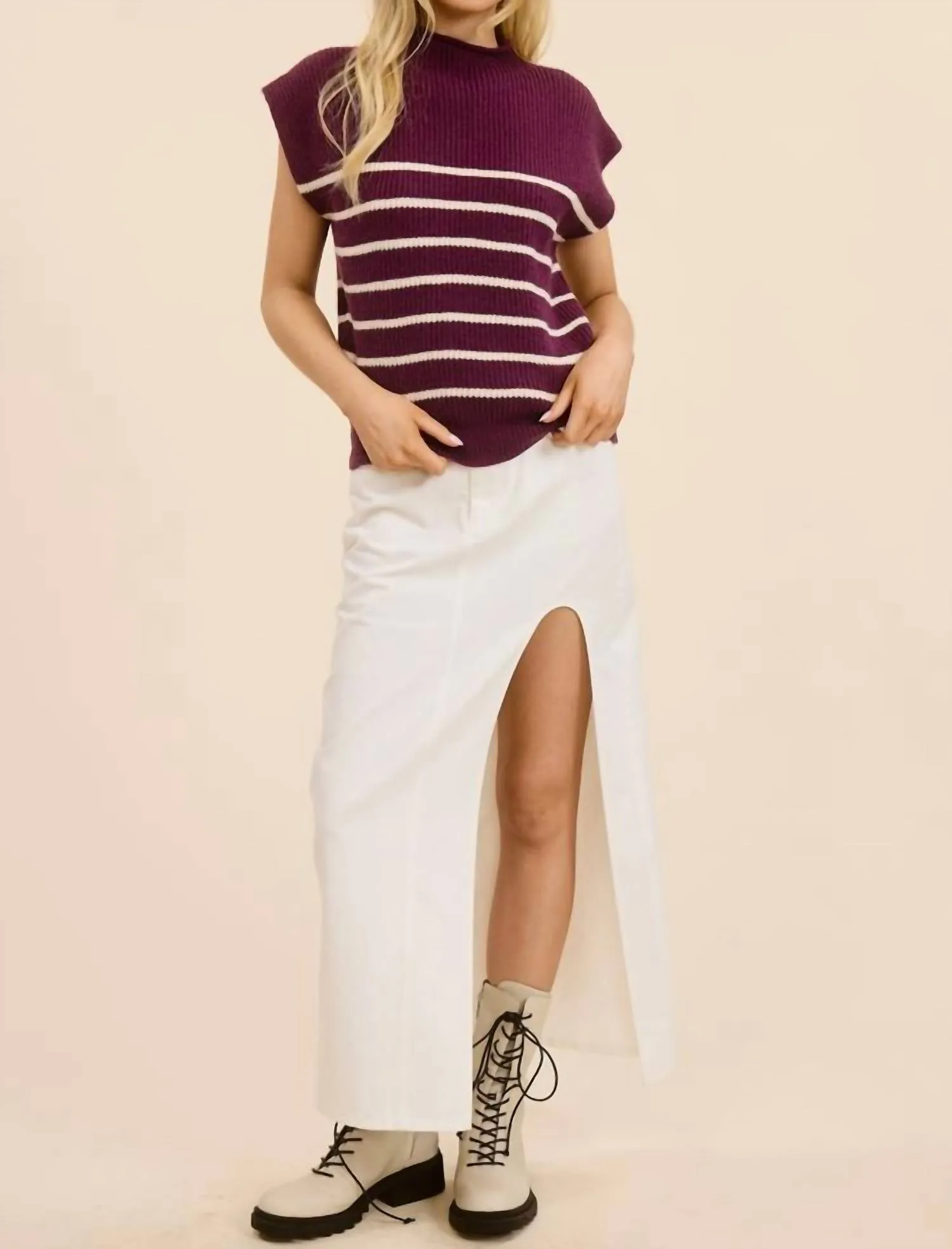 Striped Sleeveless Sweater Vest Top In Plum