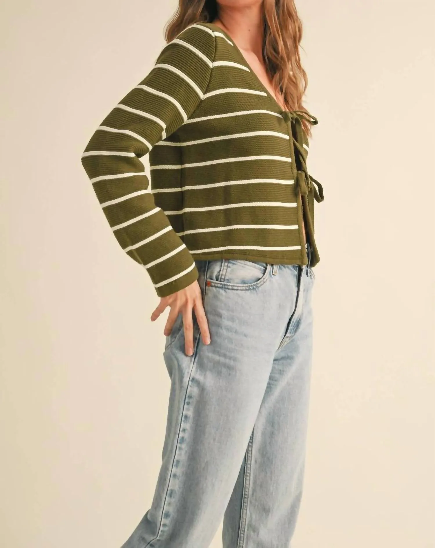 Striped Tie Front Cardigan Sweater In Olive