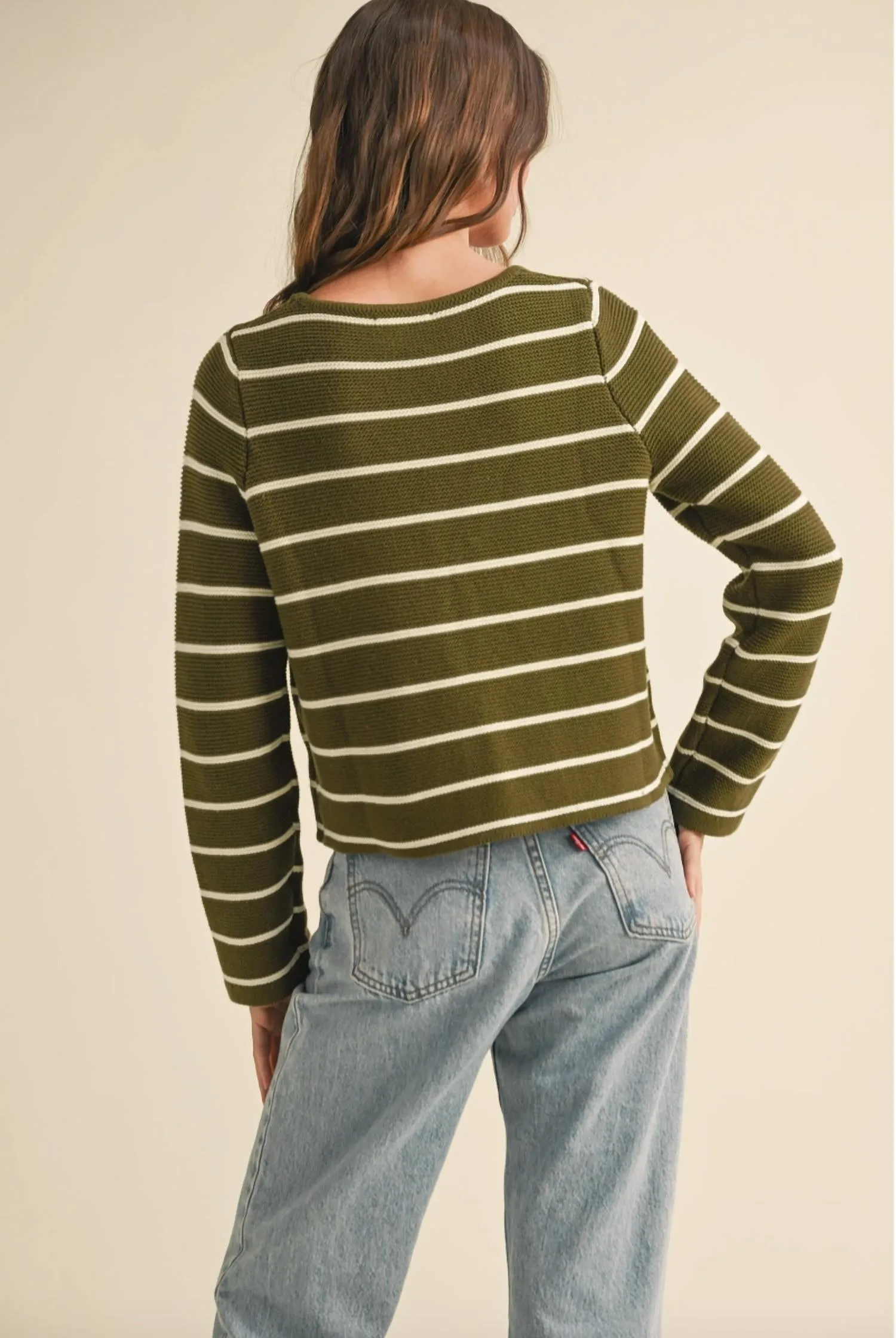 Striped Tie Front Cardigan Sweater In Olive