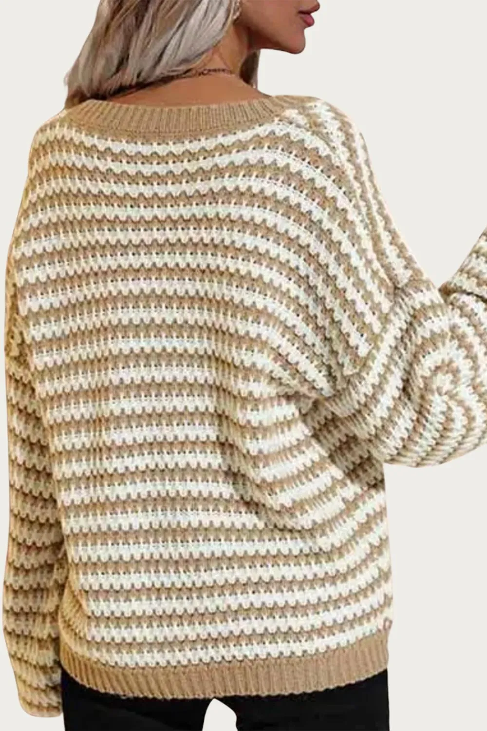 Striped V-Neck Knit Sweater In Khaki/white