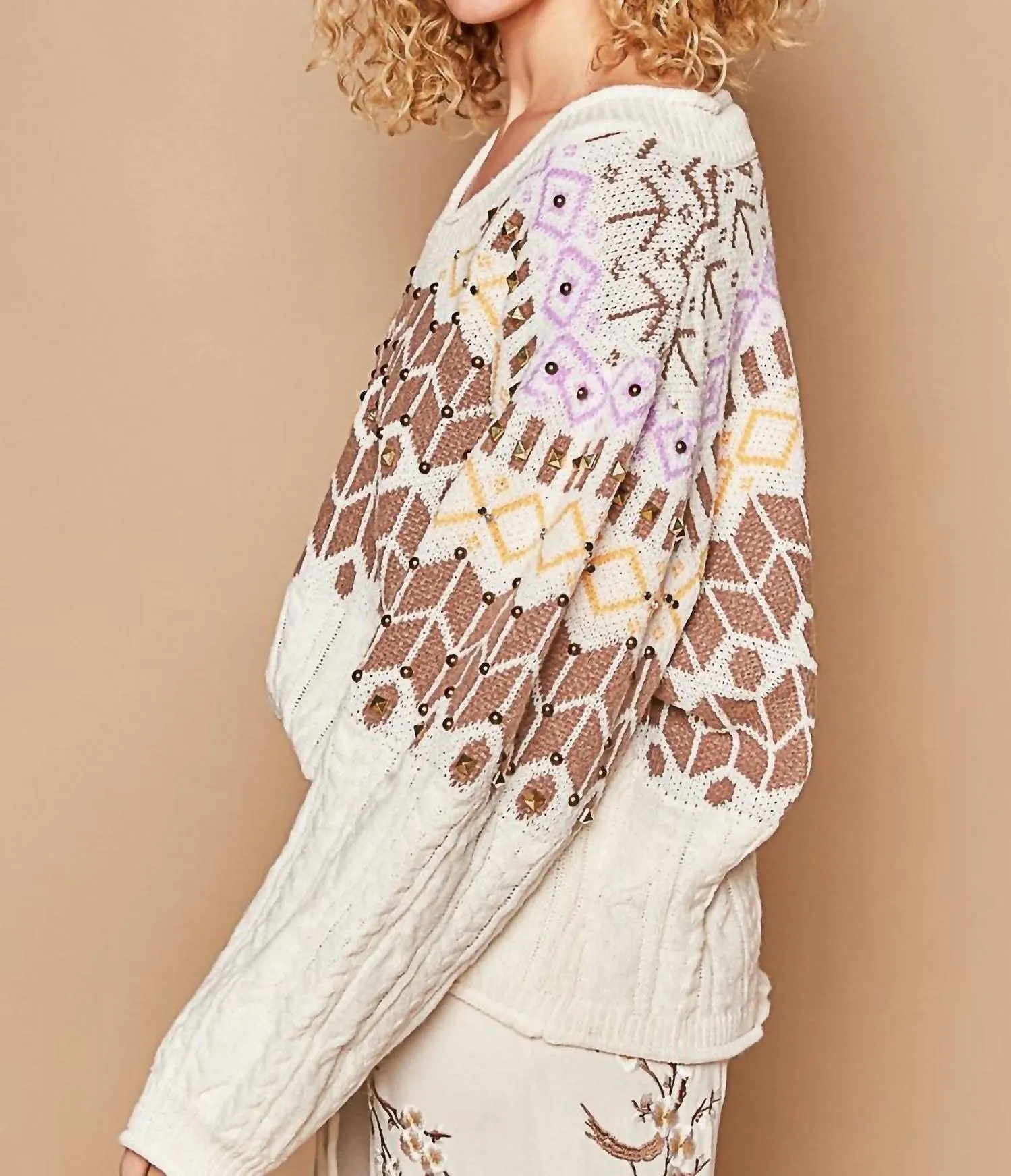 Studded Chenille Geometric Print Sweater In Cream