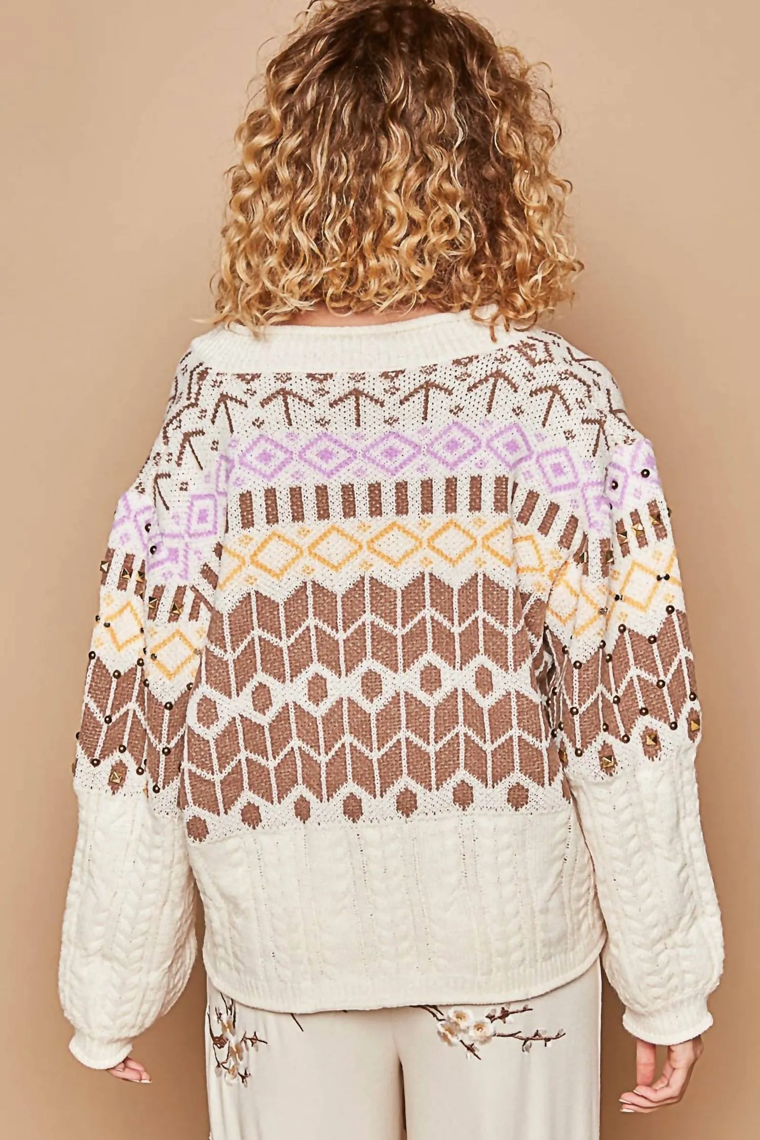 Studded Chenille Geometric Print Sweater In Cream
