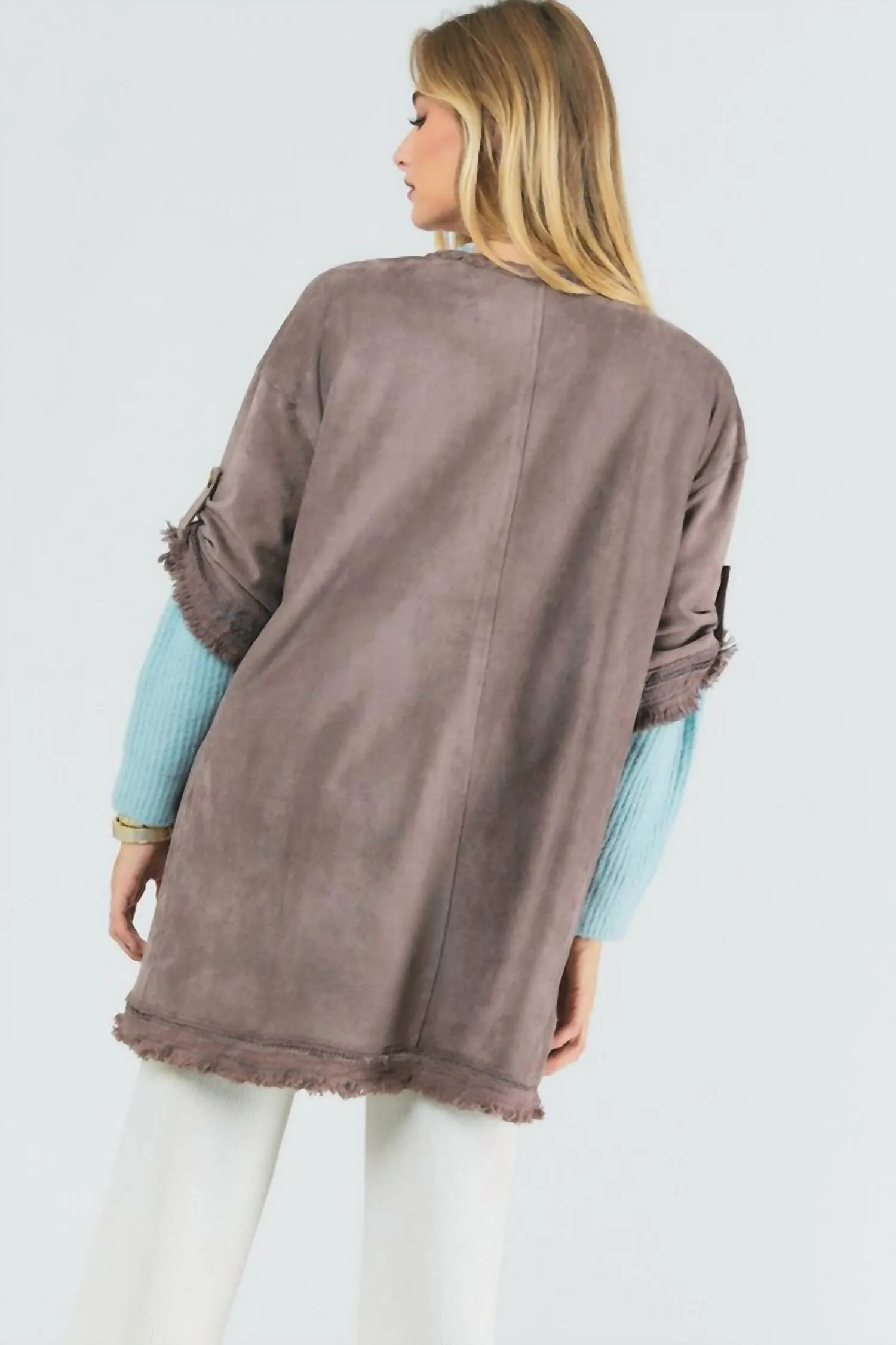Suede Fringed Cardigan In Grey