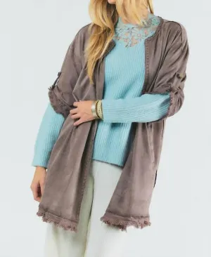 Suede Fringed Cardigan In Grey