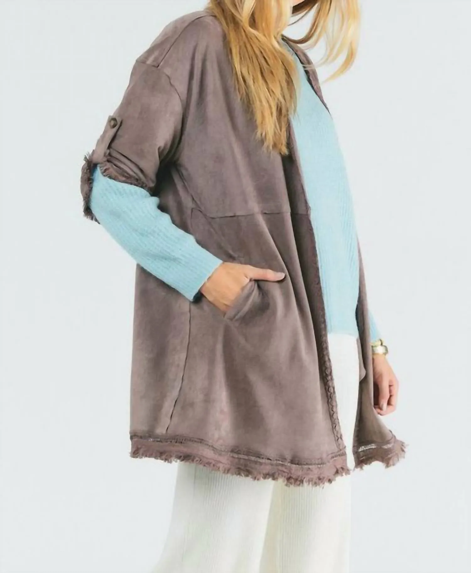 Suede Fringed Cardigan In Grey