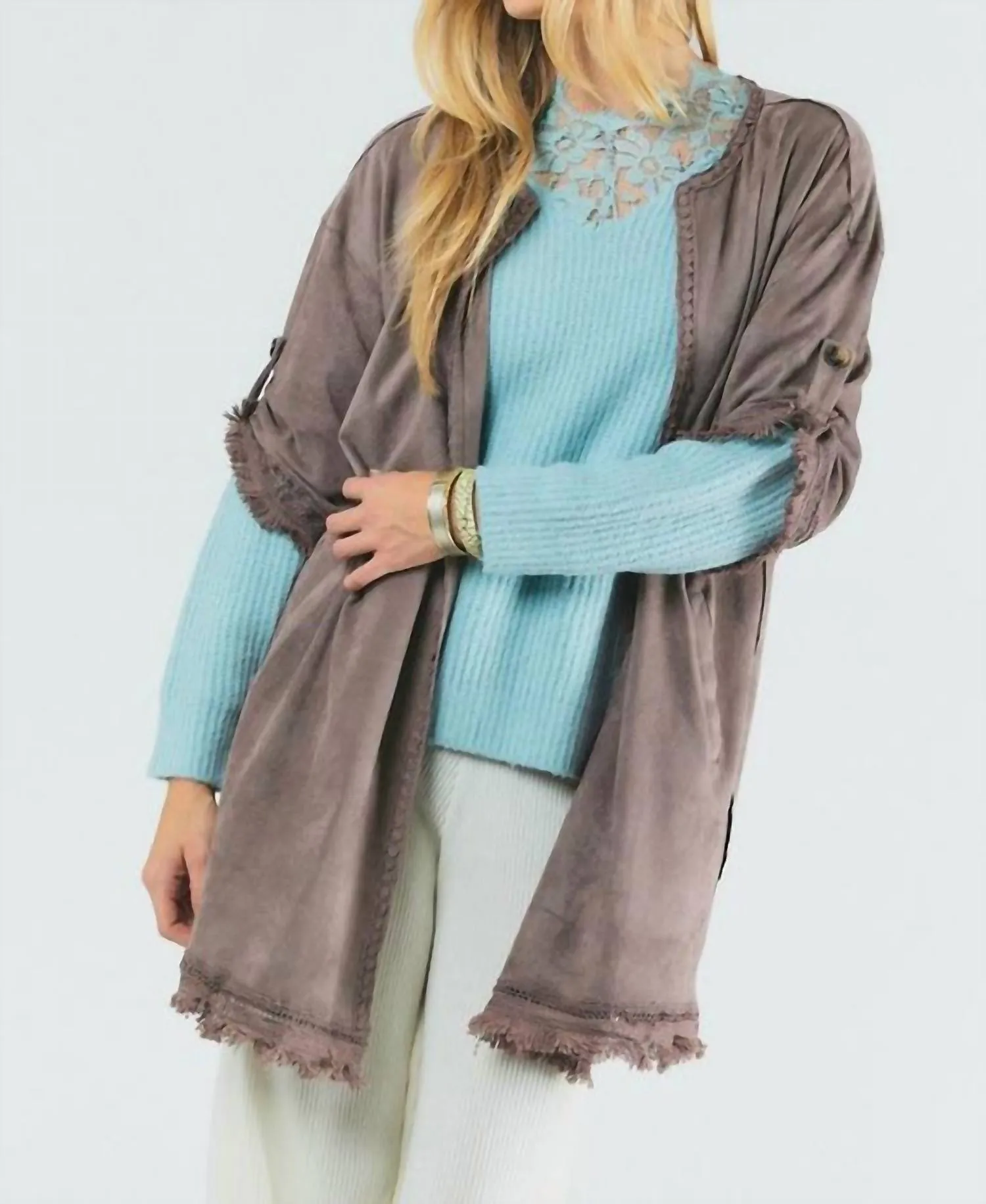 Suede Fringed Cardigan In Grey
