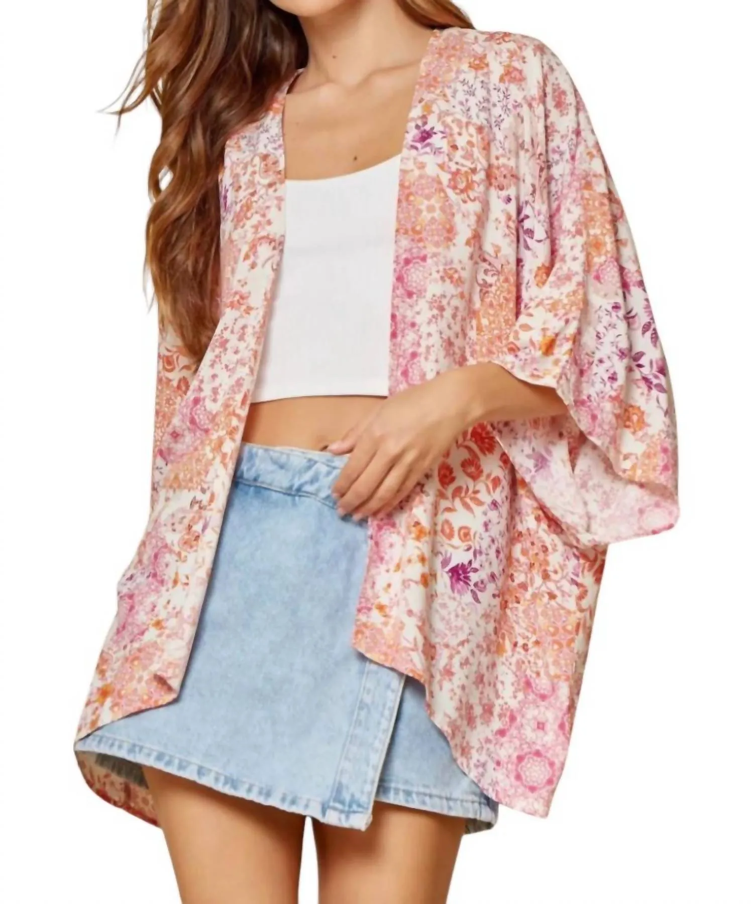 Sweet Advice Kimono In Peach Multi