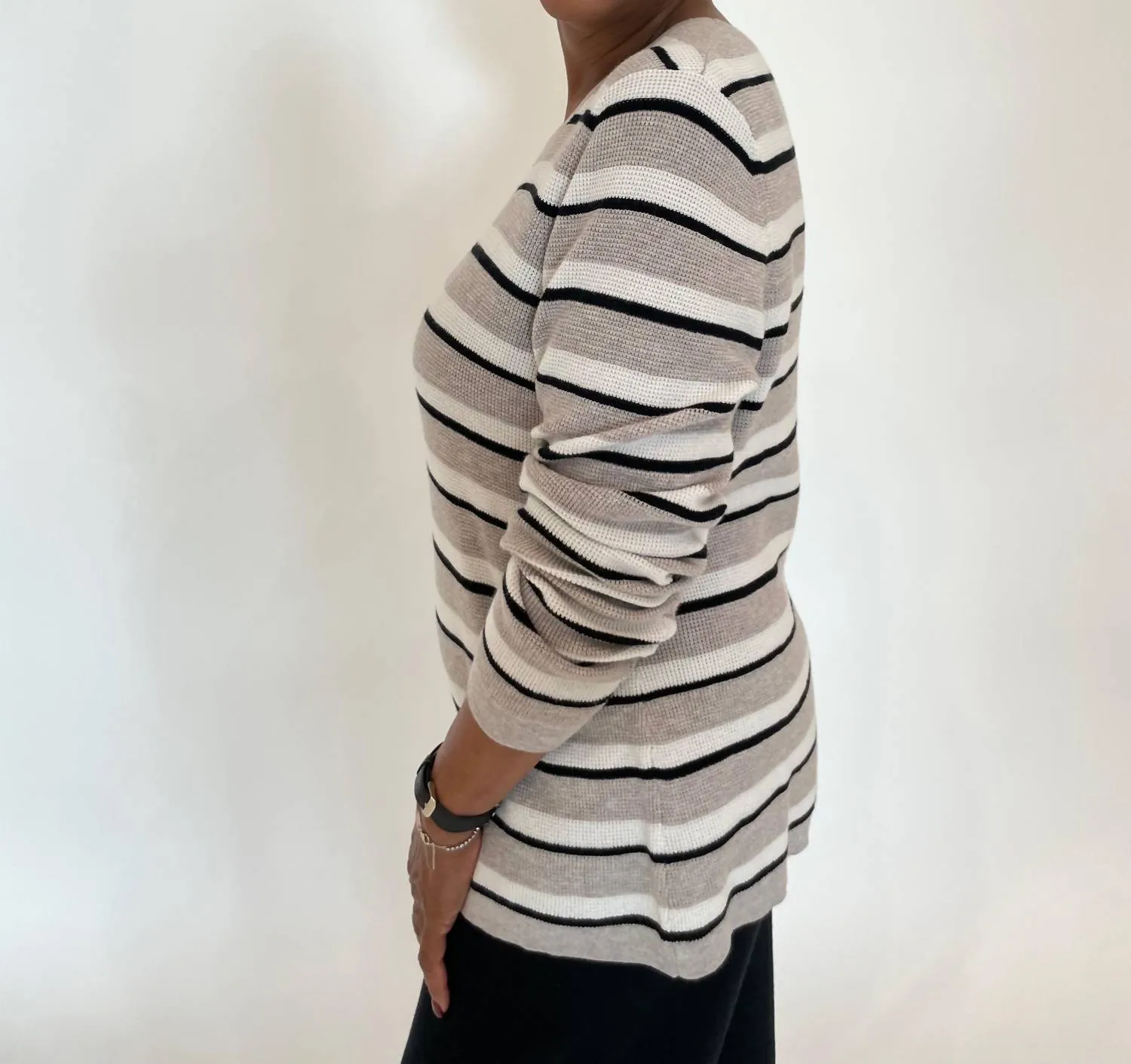 Thermal Stripe Crew Sweater In Pebble/ecru/black