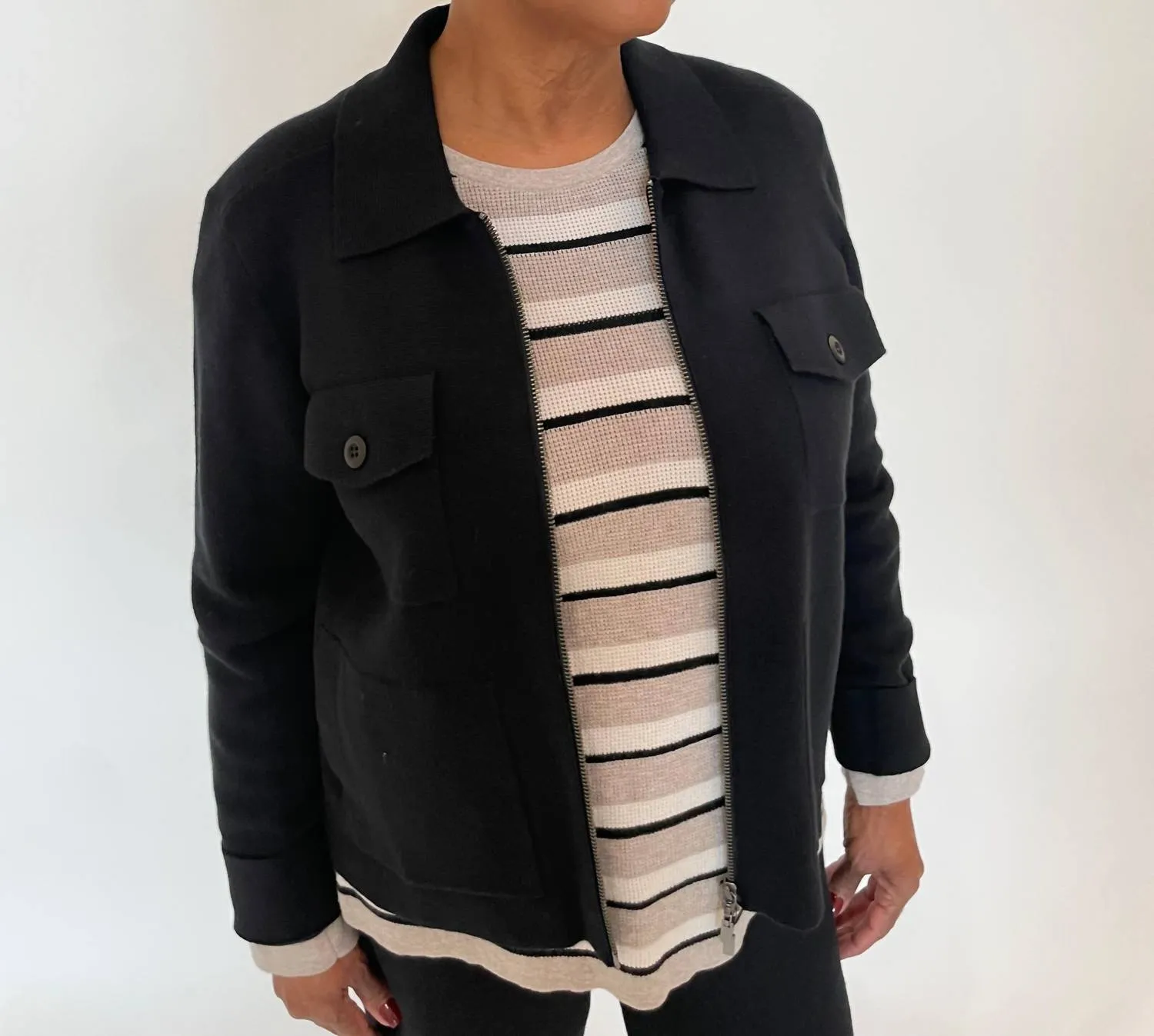 Thermal Stripe Crew Sweater In Pebble/ecru/black