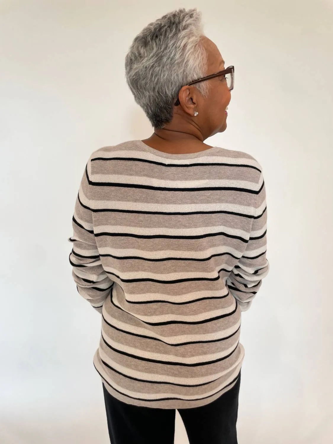 Thermal Stripe Crew Sweater In Pebble/ecru/black
