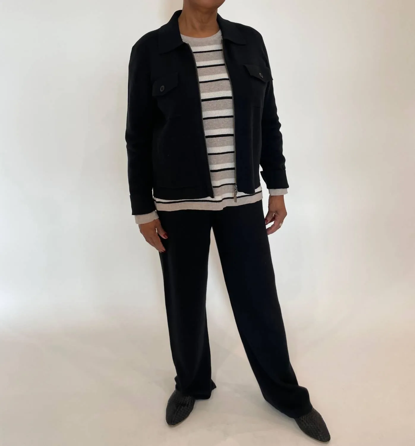 Thermal Stripe Crew Sweater In Pebble/ecru/black