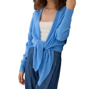 Tie Front Rib Cardigan In Cielo