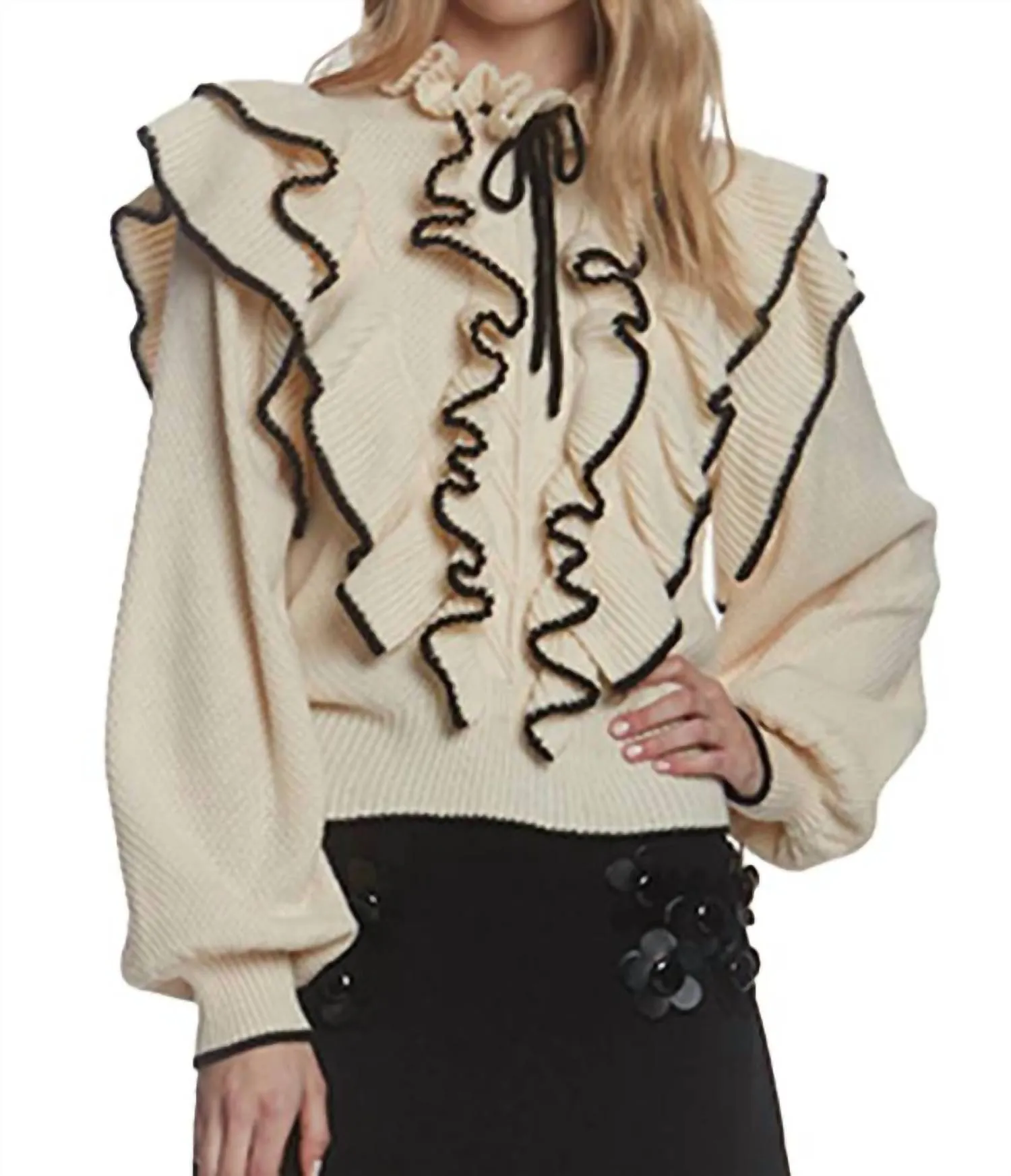 Tipping Ruffle Sweater In Cream