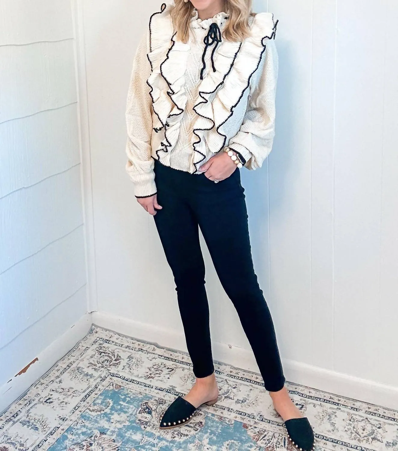 Tipping Ruffle Sweater In Cream