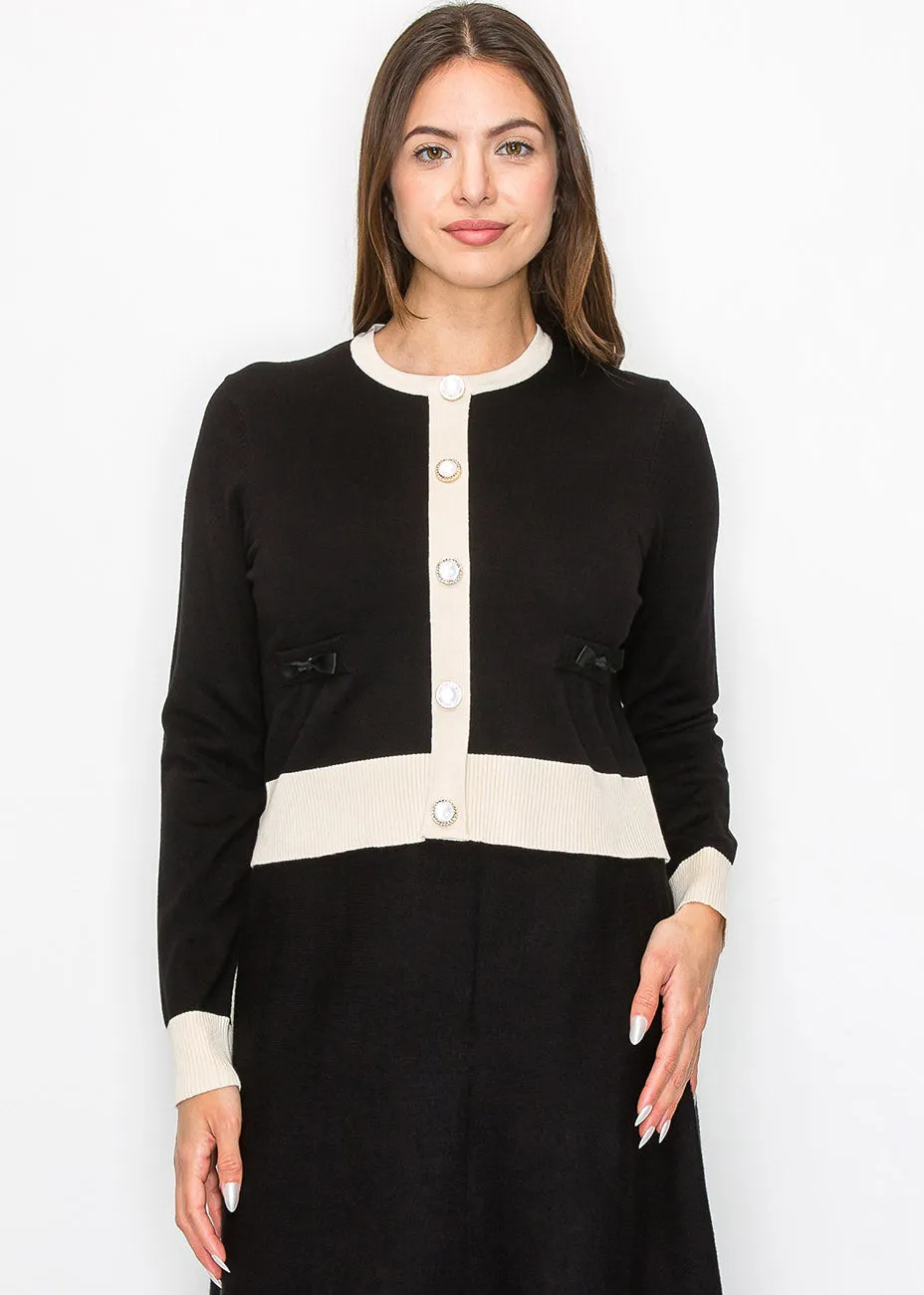 Two-Tone Cardigan with Pearl Buttons