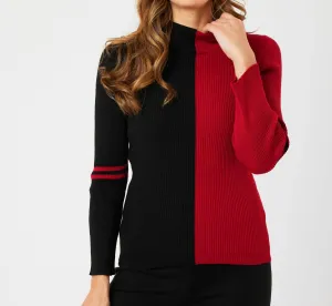 Two Tone Mock Neck Sweater In Black/red