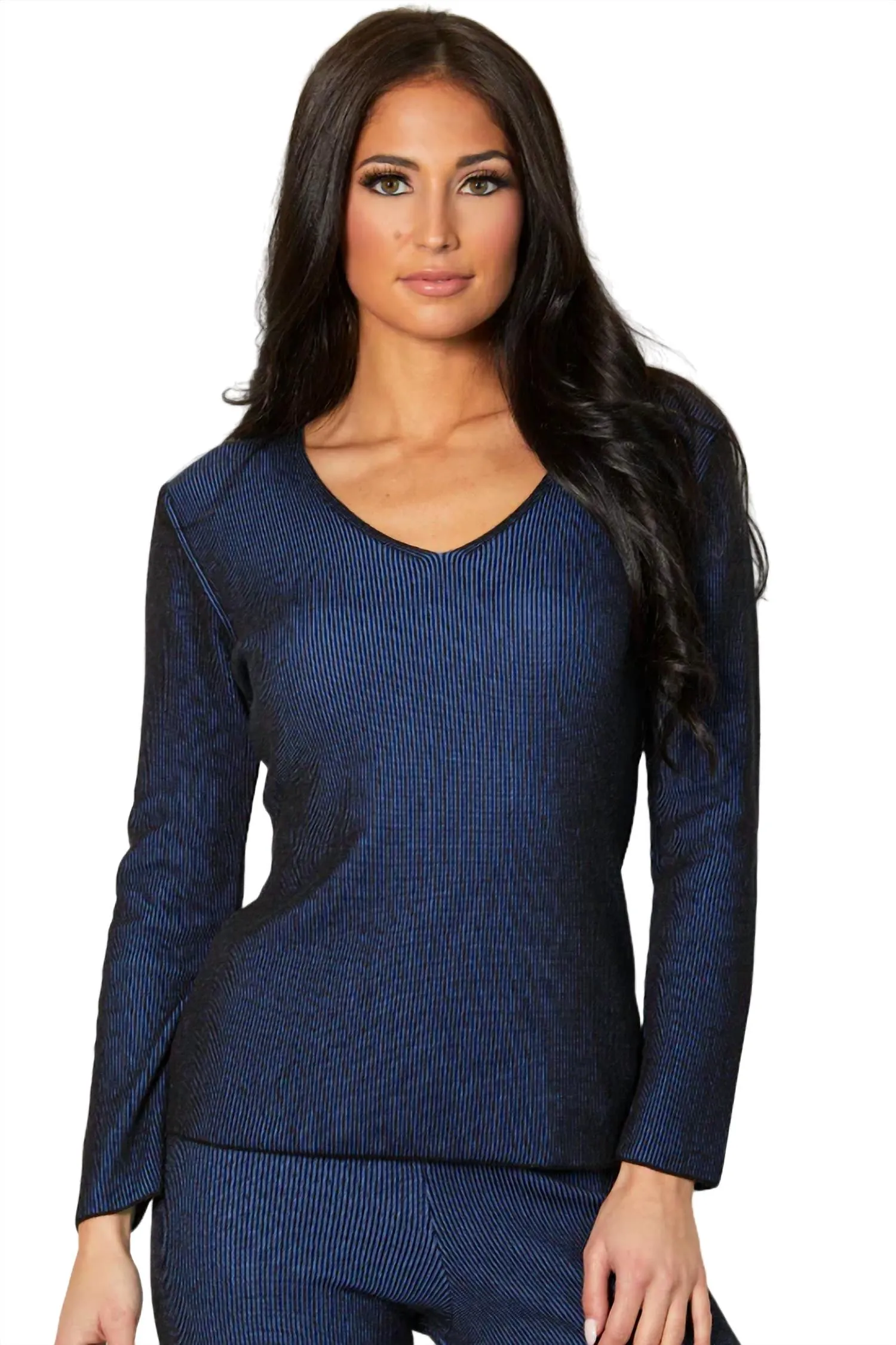 Two Tone Ribbed V-Neck Top In Cadet
