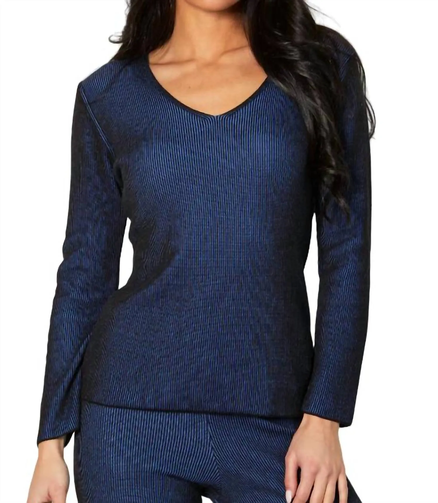 Two Tone Ribbed V-Neck Top In Cadet