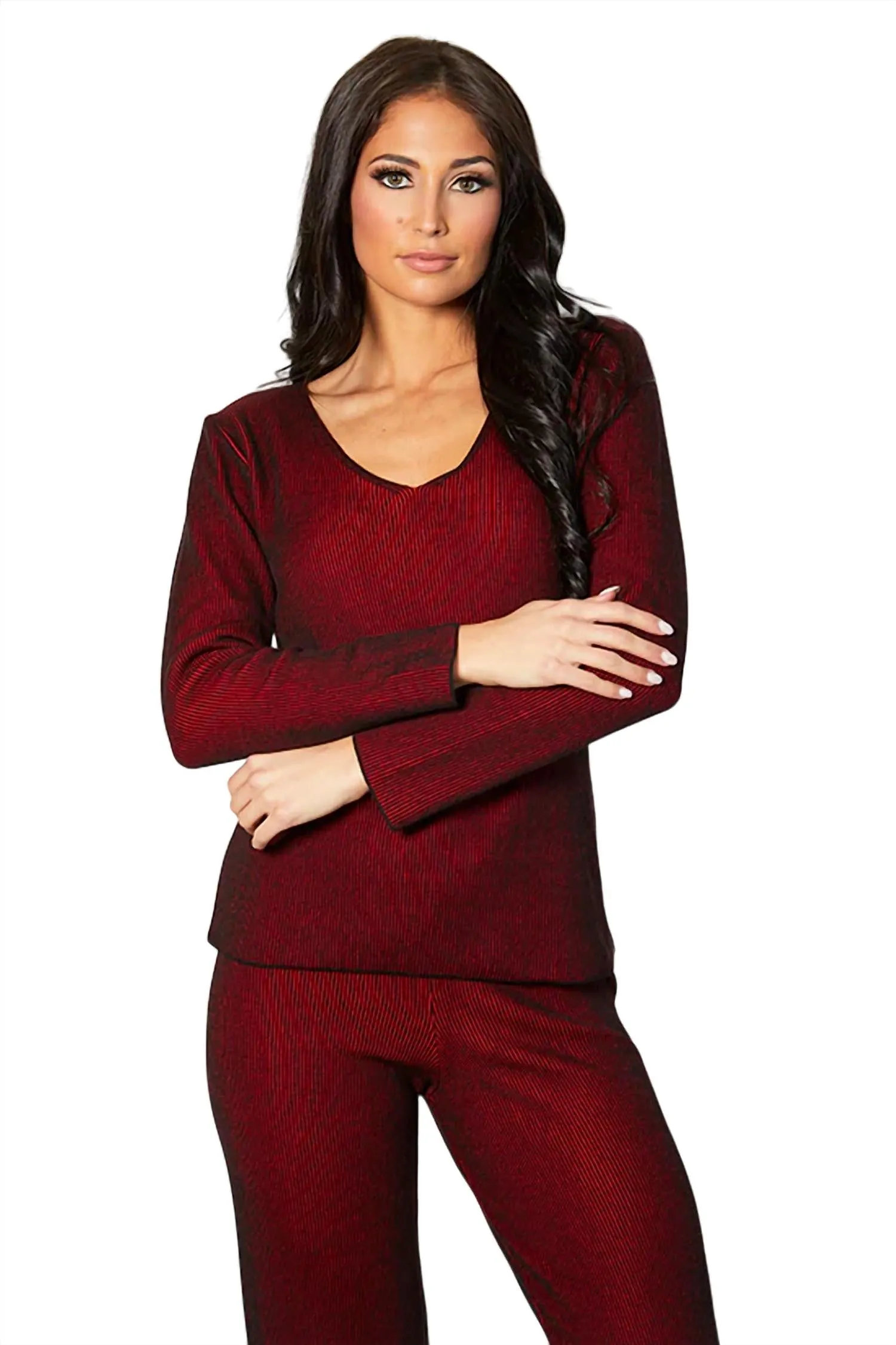 Two Tone Ribbed V-Neck Top In Rouge