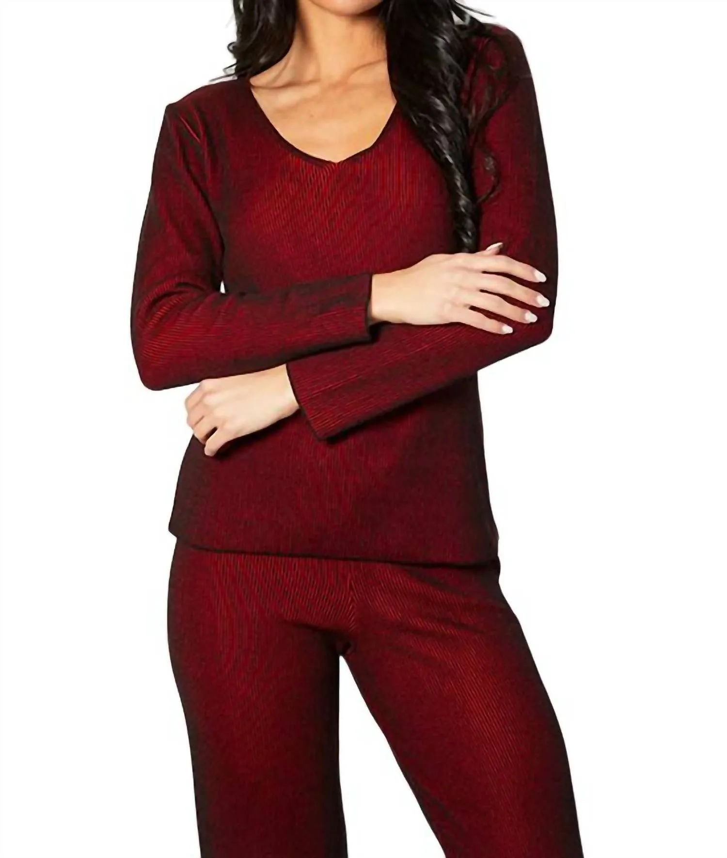 Two Tone Ribbed V-Neck Top In Rouge