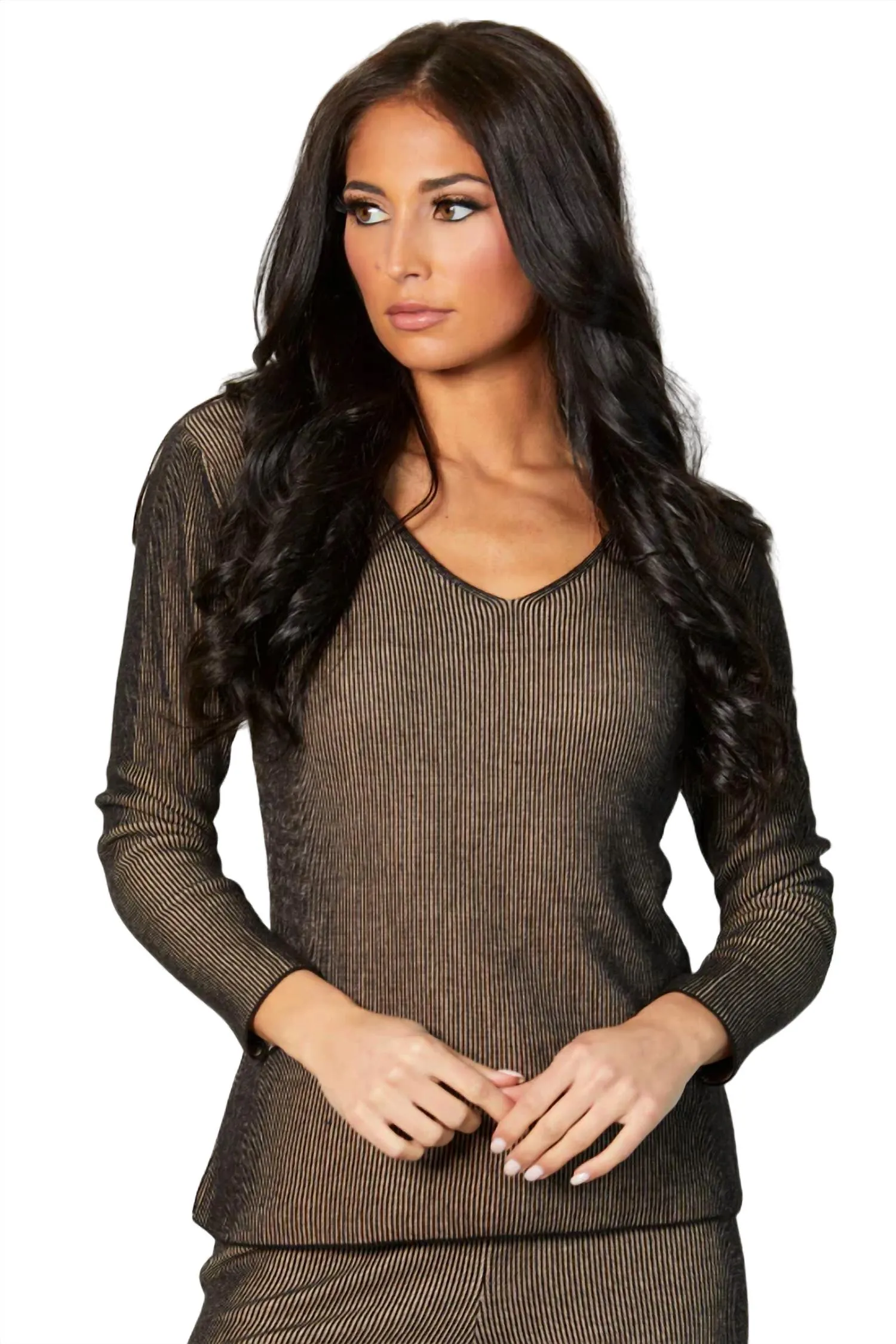 Two Tone Ribbed V-Neck Top In Sand
